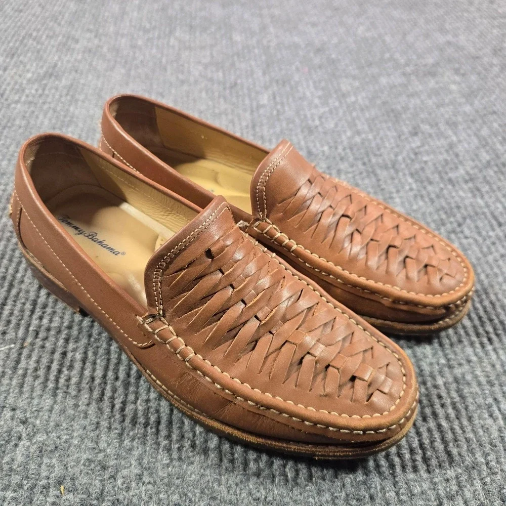 Tommy Bahama Shoes Mens 8 Brown Woven Leather GD Fynn Slip-On Loafers T8750048